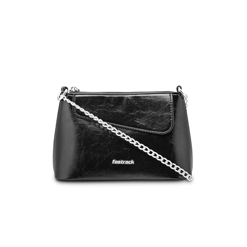 Fastrack MiniBae Sling | Black Faux-Leather Women’s Handbag | Silver Hardware & Spacious Main Compartment