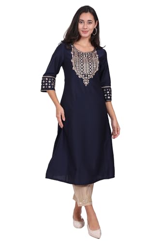 W for Woman Navy Blue Embroidered Straight Kurta - (W11970-222877-XS)