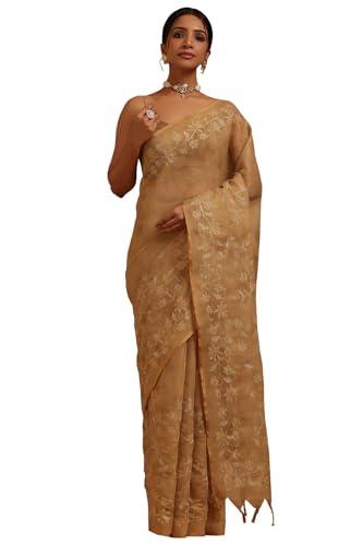 Soch Womens Gold Linen Floral Printed Saree With Zari