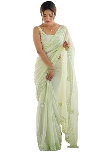 SGF11 Women's Georgette Silk and Sequence Work Saree With Unstiched Blouse Piece (Light Green)