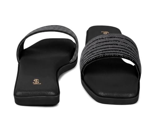 LOUIS STITCH Women’s Stardust Black Elegant Flat Sandals with Rhinestone Studded Straps | The Embellished Series | Luxury Comfort Slip-On Flats for Women | Perfect for Travel, Casual & Daily Wear | LSLD-FL05-JB | UK-3