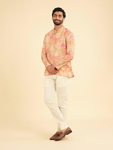 Manyavar Men's Satin Floral Prints Casual Short Kurta (Pink,M)