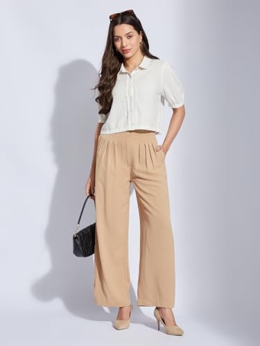 Latin Quarters Women Ivory Collared Half Sleeves Solid Shirt Blouse for Casual Wear_S