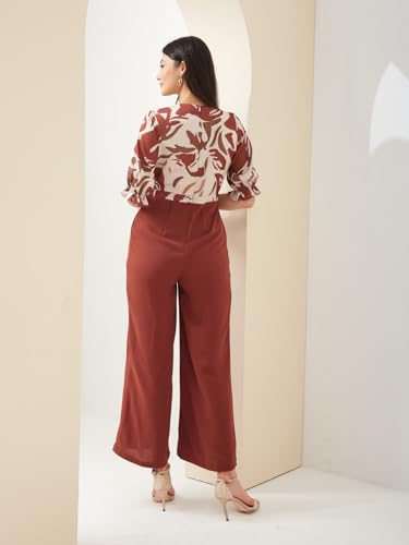 Latin Quarters Women Rust V- Neck Short Sleeves Wrap Printed Casual Jumpsuit_L