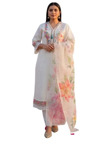 INDO ERA Women's Cotton Blend Embroidered Thread Work A-Line Kurta & Pant with Dupatta Set (X-Large) | Pure Cotton Kurta Set For Women With Dupatta