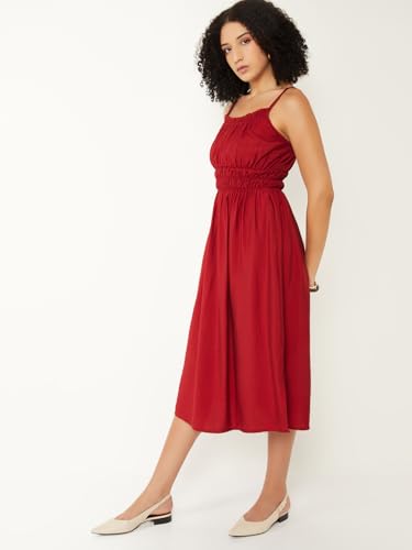 Max Women Solid A-line Midi Dress (Red_S)