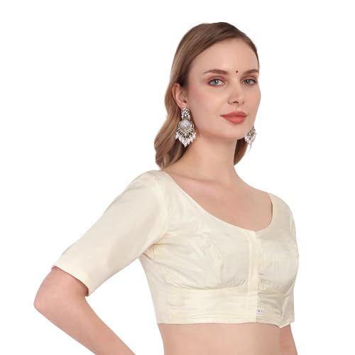JISB Silk Cotton Saree Blouse, Elbow Length Sleeves, Round Neck, Front Hook and Eye (Cream, M)