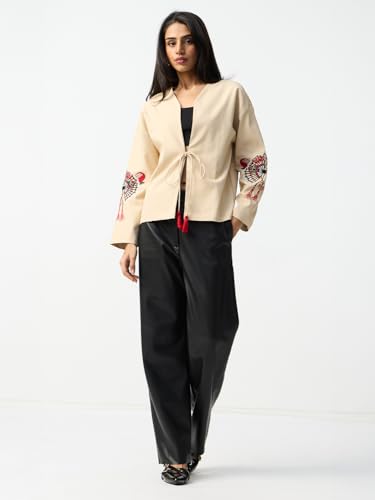 The Souled Store Tie-Up Shirt: Sandy Bloom Women and Girls Full Sleeves V Neck Beige Floral Embroidered Polyester Oversized Fit Lightweight All-Season Tie-Up Shirt