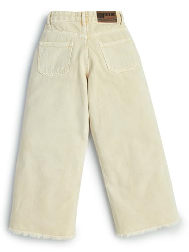 Knit N Knot Girl's Kids Beige Cream Wide Leg Flared Fit Relaxed Loose Colour High Rise Frayed Bottom Jeans | Regular Casual Festival Occassional Wear | Non Stretch | Adjustable Waist, 9-10 Years