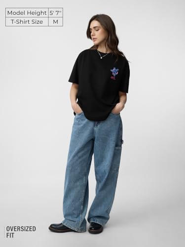 The Souled Store Lilo & Stitch: Out of This World Women and Girls Short Sleeves Round Neck Black Graphic Printed Cotton Oversized T-Shirts