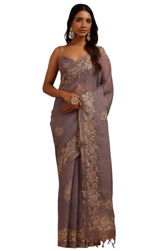 Soch Womens Lavender Linen Floral Printed Zari Embroidered Saree