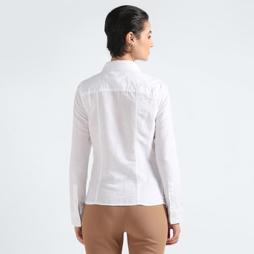 Calvin Klein Linen White Solid Spread Collar Full Sleeve Women Shirt (XXL)