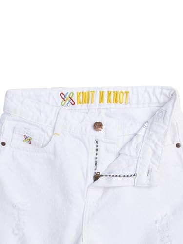 Knit N Knot Girl's Kids Premium White Wide Leg Flared Fit Relaxed Loose Torn Ruptured High Waist Frayed Bottom Jeans | Regular Casual Festival Occassional Wear | Non Stretch | Adjustable Waist