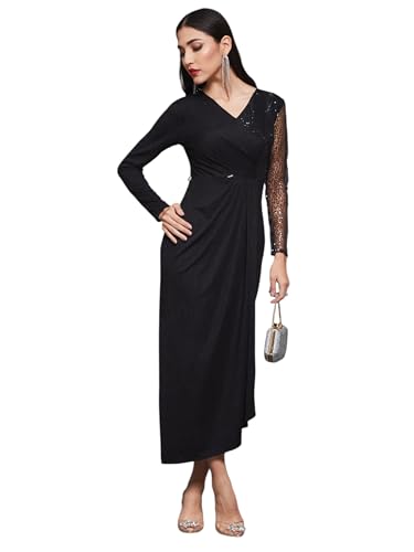 Miss Chase Women's Fit and Flare Full Length Pleated V-Neck Full Sleeve Dress (MCAW23D13-86-62-07, Black, 2XL)