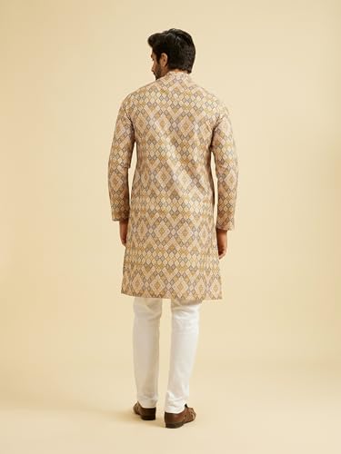Manyavar Men's Viscose Blend Print Long Kurta (Fawn,XL)
