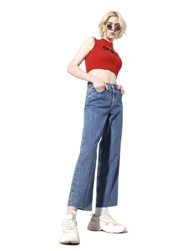 ONLY Women's Solid Straight Fit High-Rise Blue Jeans