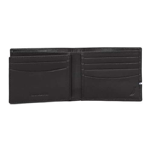 Nautica Men's Bifold Leather Wallet | RFID Blocking | ID Window | Card Slots | Organization | Durable | Stylish, Logo Ribbon - Black, One Size, Bifold Leather Wallet | Rfid Blocking | Id Window | Card