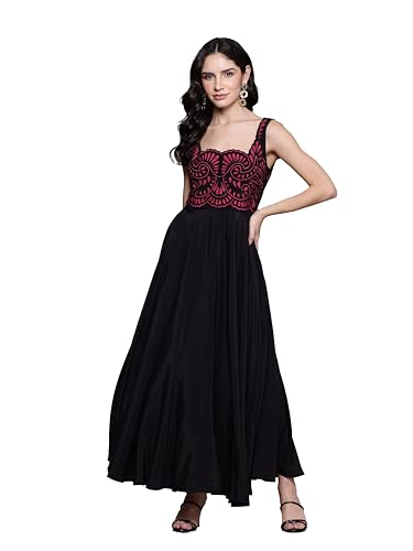 Label RITU KUMAR Square Neck Sleevelesss Solid Long Dress Black