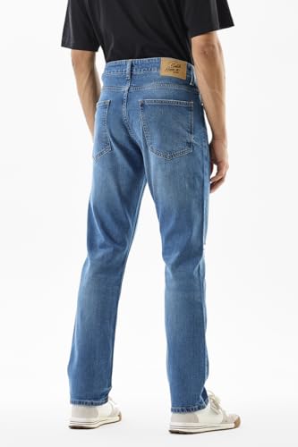 SNITCH Men Blue Jeans | Comfort Fit Mid Rise Straight Leg | Cotton Blend with Medium Stretch & Light Distressed Pattern | Casual & Street Wear for All Seasons
