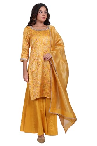 W for Woman Yellow Floral Jacquard Straight Kurta with Sharara and Dupatta Set - (WS13244-314323-S)