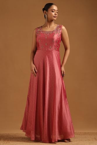 Soch Womens Pink Vichitra Floral Gown with Cutwork