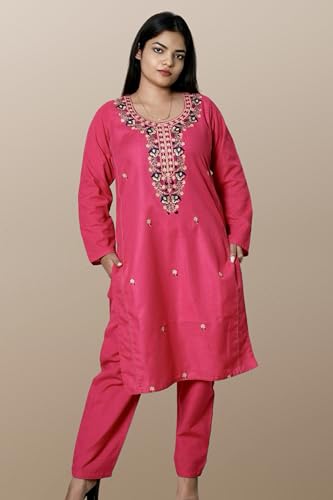 KASANI Embroidered Plus Size Winter Kurta Set for Women Woolen Suit Set Warm Kurti with Pant and Dupatta With Side Pockets (3XL to 5XL)