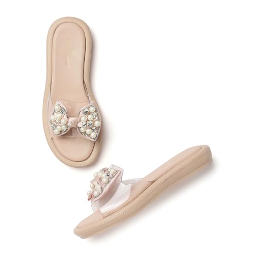 Marc Loire Women Smart Casual Bow Embellished Slip-On Flats Chappals | Open Toe Cute Fashion Sandals with Comfortable Sole (Nude, UK Footwear Size System, Adult, Women, Numeric, Medium, 7)