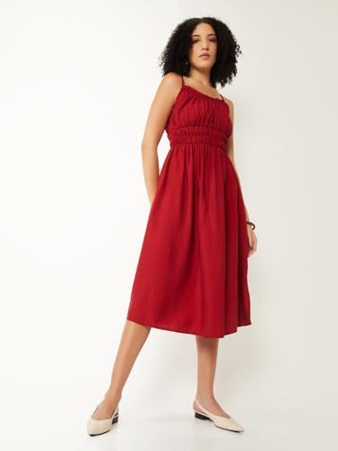 Max Women Solid A-line Midi Dress (Red_S)