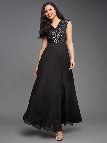 Miss Chase Women's V-Neck Cap Sleeved Solid Wrap Maxi Dress (MCAW22D99-88-62-04, Black, M)