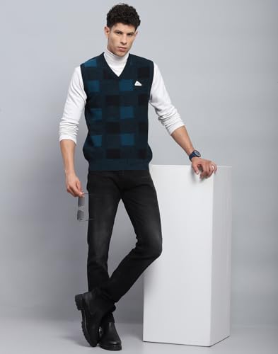 Monte Carlo Mens Self Design Navy Blue V Neck Sleeveless Sweater (1243243SL-2-40)