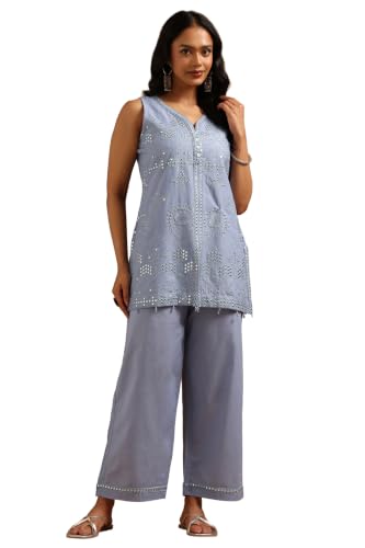 Soch Womens Blue Cotton Floral Embroidered Kurta Set With Sequins