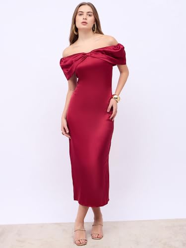 Styli Women Off-Shoulder Sheath Maxi Dress Wine