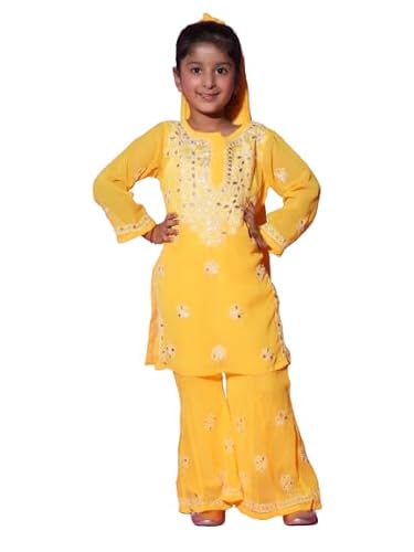 Fashion Chikan Art Chikankari Lucknowi Hand Embroided Gota Patti Kurti,Palazzo and Dupatta Set | Color - Yellow | Size - 11-12 Years
