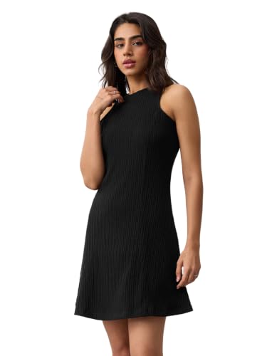 The Souled Store Solid Knit Dress: Ink Black Women and Girls Sleeveless Round Neck Black Solid Polyester Cotton Blend Slim Fit Breathable Comfortable Summer Casual Mini Dresses