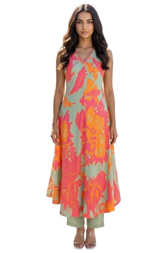 W for Woman Green Floral Printed Modal A-line Kurta with Straight Pant Set - (WS13672-126975-L)