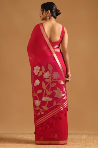 Soch Womens Fuchsia Organza Zari Woven Botanical Tassels Saree