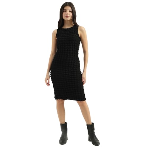 United Colors of Benetton Round Neck Textured Bodycon Dress (Size: M)-25P3P39W3875I100 Black