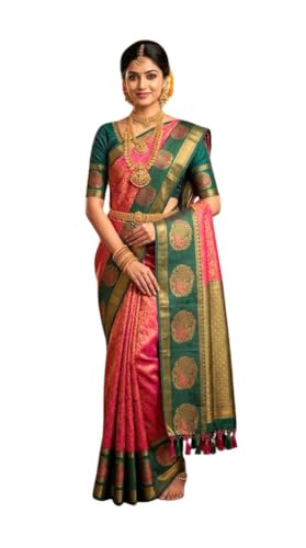 SREE KUMARAN Women's Kanchipuram Kubera Silk Pure Pattu Saree - Peacock Border With Blouse (VSK569-7)