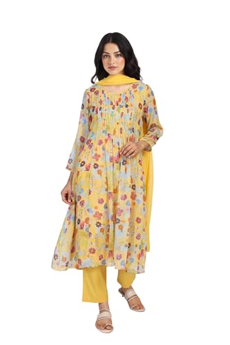 W for Woman Floral Printed Lace Trim Flared Chiffon Kurta with Pant and Dupatta Set - Yellow (WS12923-125894-XXL)