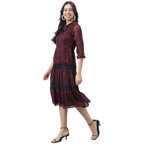 Latin Quarters Women Maroon 3/4 Sleeve Tie-Up Neck A-Line Dress