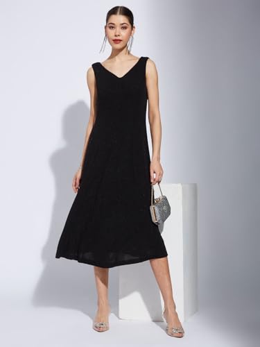 Latin Quarters Women Black Solid A-Line Midi Dress with V-Neck and Sleeveless Design Ideal