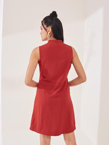Latin Quarters Women's Rust Solid Sleeveless Mandarin Neck Casual Shirt Dress_M