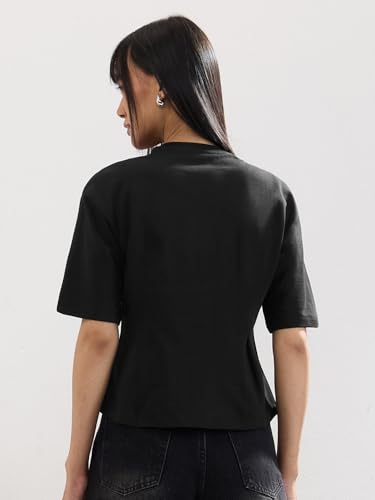 The Souled Store Emily in Paris: Croissant Women and Girls Short Sleeves Round Neck Black Embroidered Beaded Cotton Oversized Streetwear Casual Oversized T-Shirt