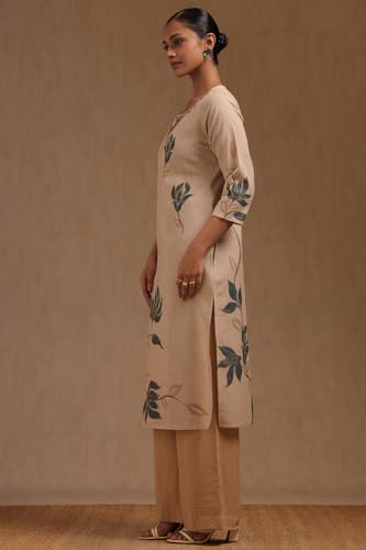 Soch Womens Beige Cotton Flex Floral Print Kurta with Mirror Work