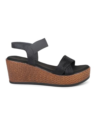 Women Black Textured Open-Toe Wedges
