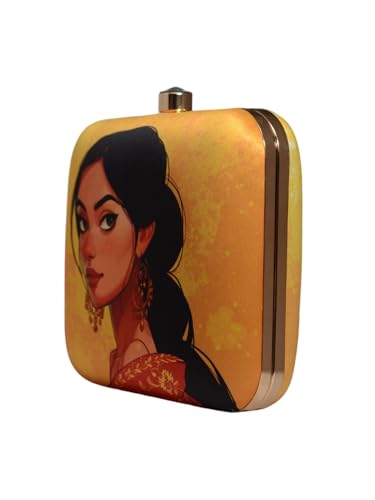 Yellow Based Women Portrait Printed Clutch