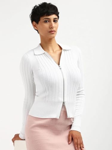 Calvin Klein Jeans Slim Fit Polyester Spread Collar Front-Open Sweater Bright White