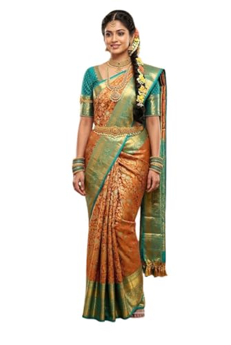 VFCollections Women's Traditional Handloom Kanchipuram Silk Pure Pattu Sarees | Rich Zari Woven Design | Bridal Saree | Unstitched Blouse (VFC647-4)