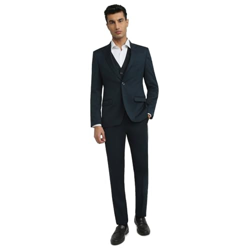 Raymond Men Contemporary Fit Dobby Pattern Terry Linen Blend Notch Lapel Full Sleeve Ceremonial Suit Green