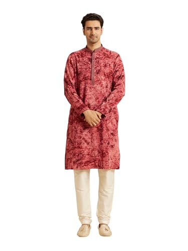 Manyavar Men's Spandex Self-Textured Kurta Set (Maroon,XL)